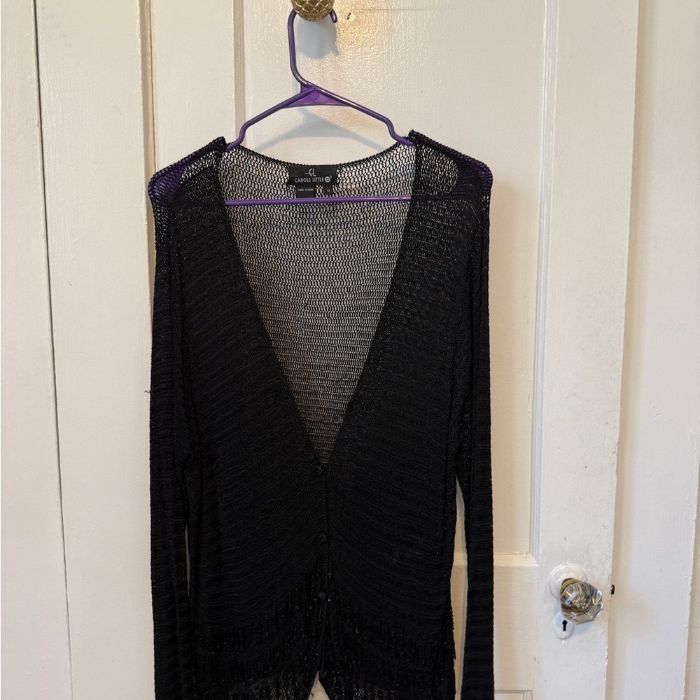 Carole Little Black Open-Weave V-Neck Sweater